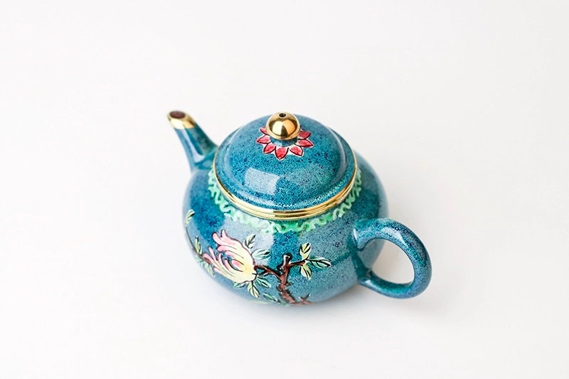 LIONRHK TEA - Jun glaze enamel bergamot clad copper horizontal pot, Raw ore purple eggplant mud, 120cc