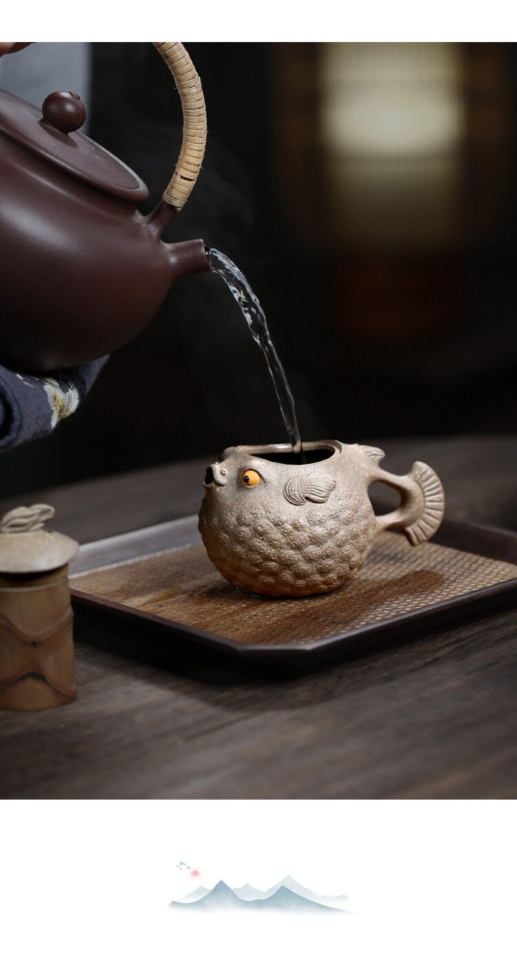 LIONRHK TEA - Yixing Zisha Clay Teapot, Ore Green Clay, Cute Little Puffer Fish In One Go 150cc