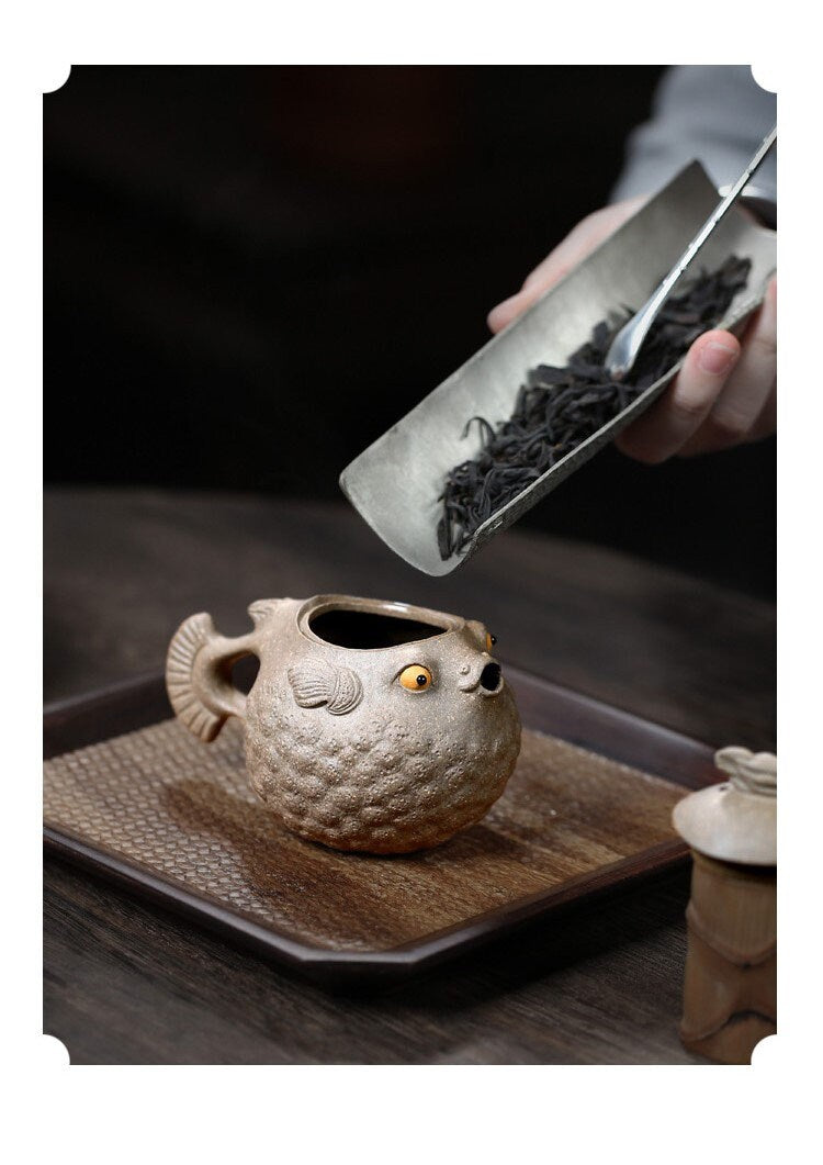 LIONRHK TEA - Yixing Zisha Clay Teapot, Ore Green Clay, Cute Little Puffer Fish In One Go 150cc