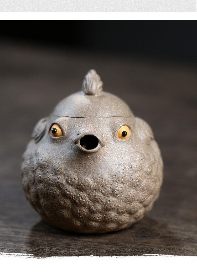 LIONRHK TEA - Yixing Zisha Clay Teapot, Ore Green Clay, Cute Little Puffer Fish In One Go 150cc