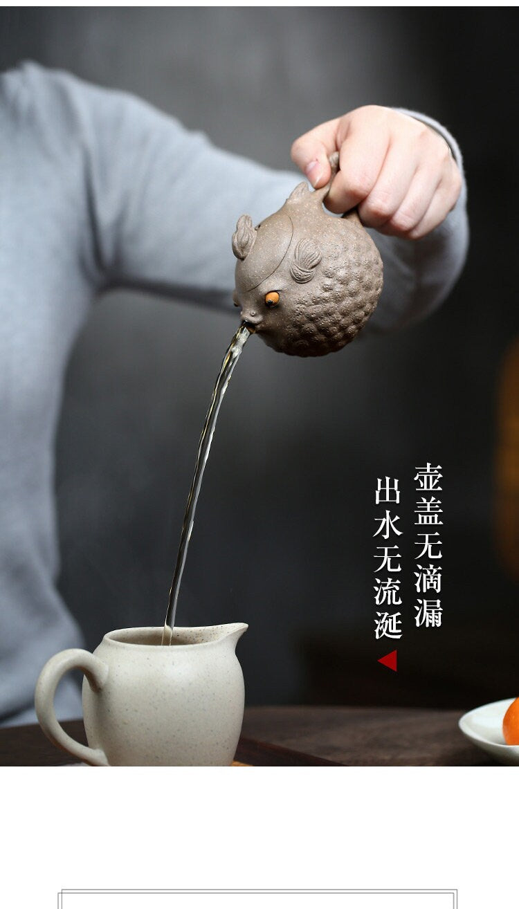 LIONRHK TEA - Yixing Zisha Clay Teapot, Ore Green Clay, Cute Little Puffer Fish In One Go 150cc