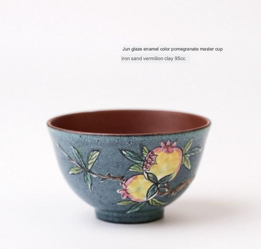 LIONRHK TEA - Jun glaze enamel pomegranate/shou peach master cup, Raw ore iron sand vermilion mud, 95cc