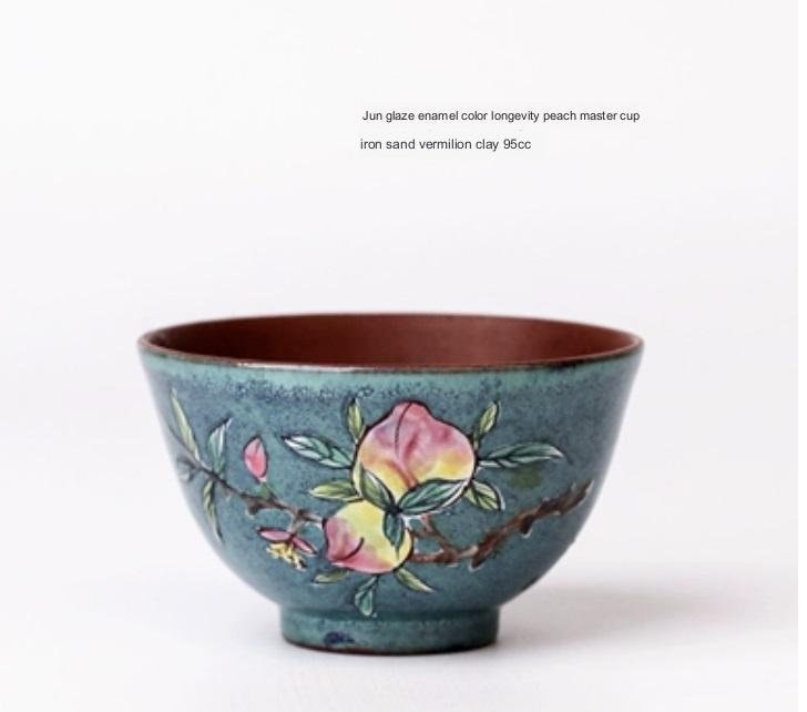 LIONRHK TEA - Jun glaze enamel pomegranate/shou peach master cup, Raw ore iron sand vermilion mud, 95cc