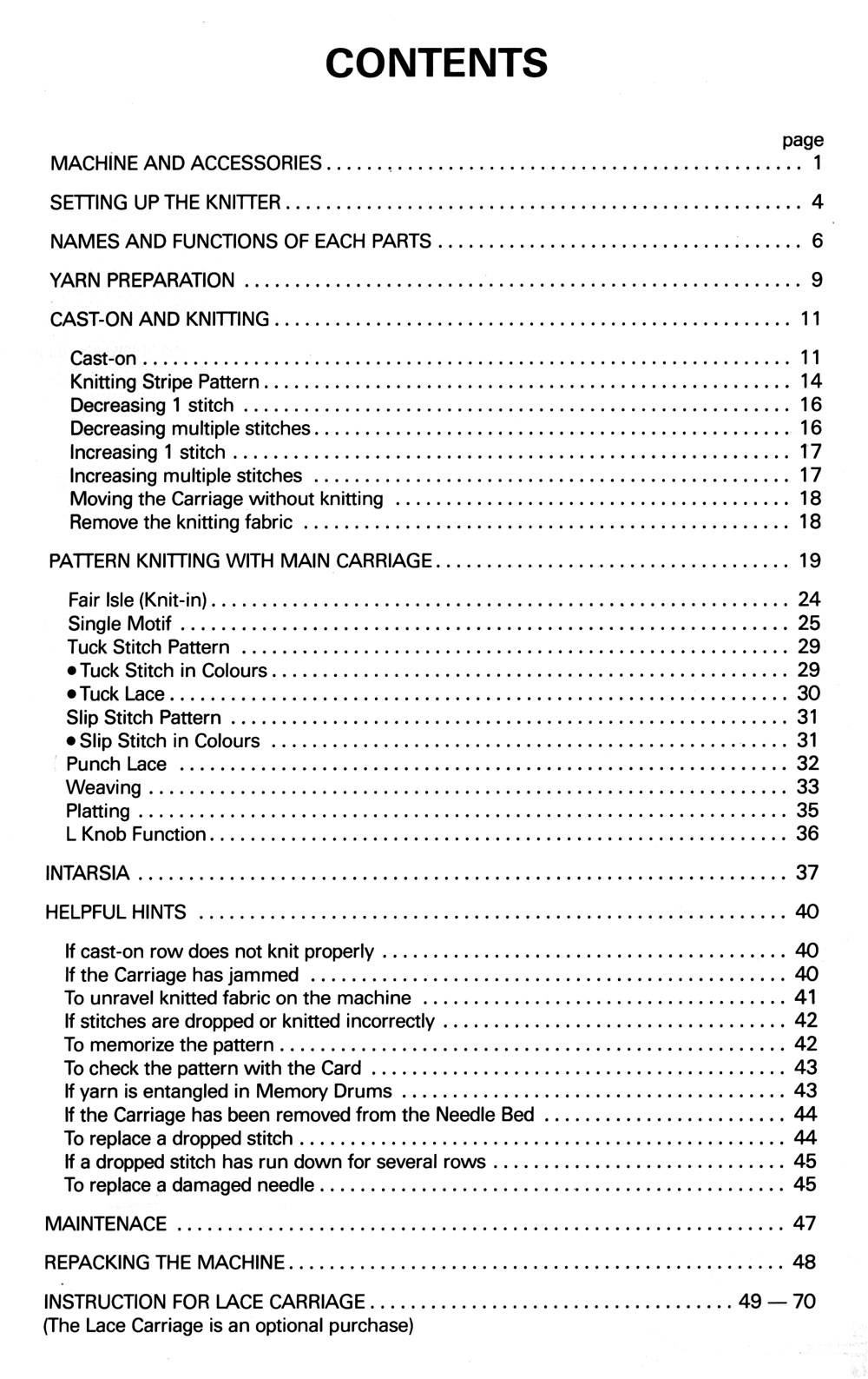 OPERATION MANUAL for SINGER SK600 / SK700 KNITTING MACHINE