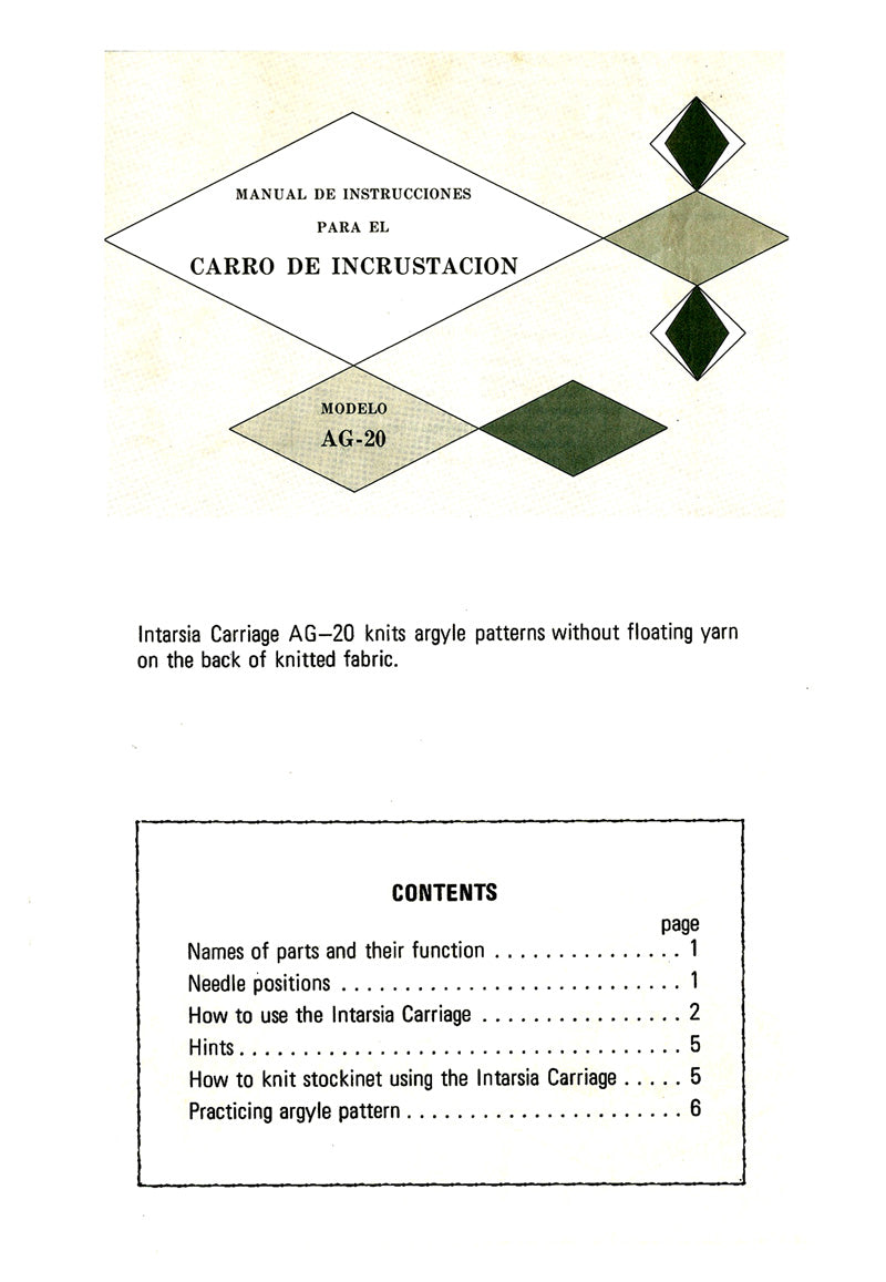 888514 INSTRUCTION MANUAL for SINGER AG20 KNITTING MACHINE