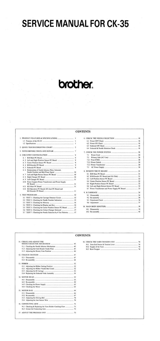 CK35 SERVICE MANUAL For BROTHER KNITTING MACHINE 888331