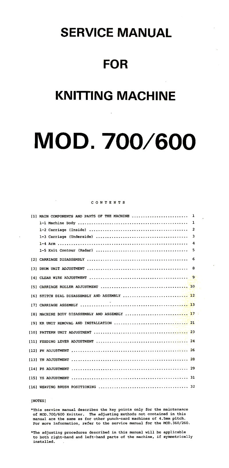 888576 SERVICE MANUAL for SINGER SK700/600. KNITTING MACHINE