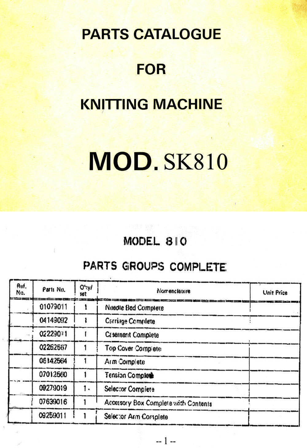 888607 SINGER PARTS CATALOGU For SK810 KNITTING MACHINE