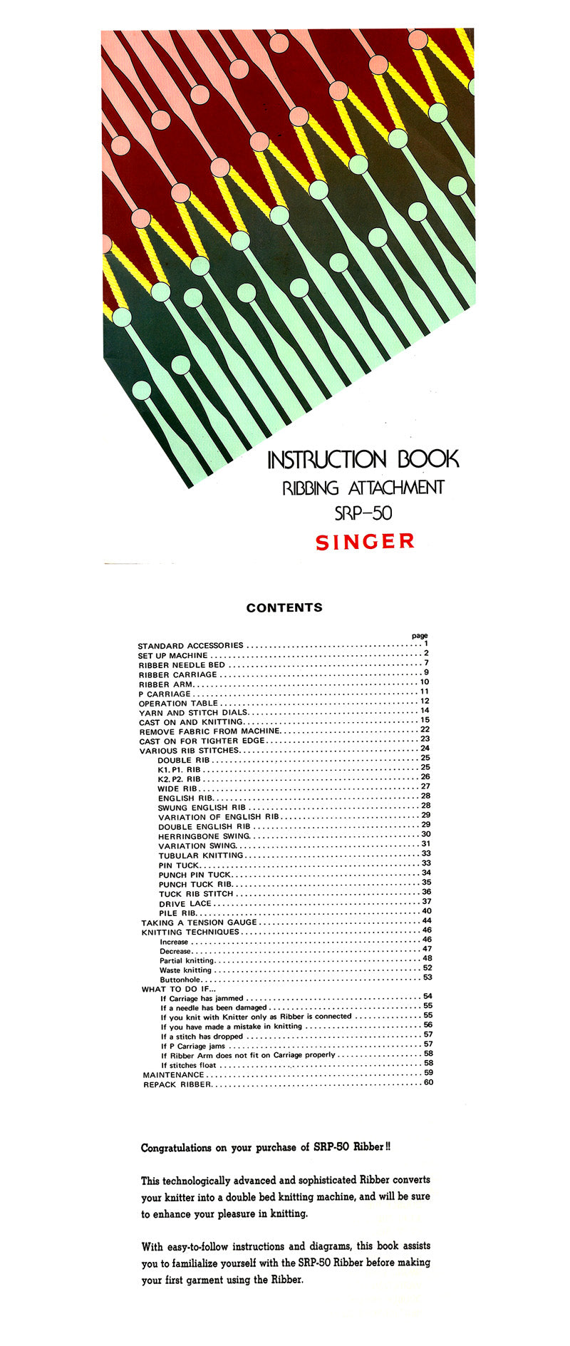 888511 INSTRUCTION BOOK for SINGER SRP50 KNITTING MACHINE