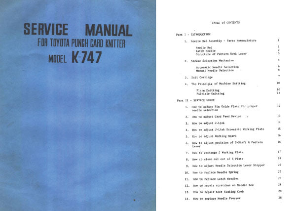 888670 SERVICE MANUAL for TOYOTA KNITTING MACHINE K747